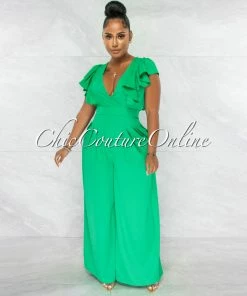 Chic Couture Online JUST IN Piper Kelly Green Ruffle Neckline Wide Legs Jumpsuit
