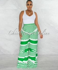 Chic Couture Online Harlem White Green Stripes Wide Pants