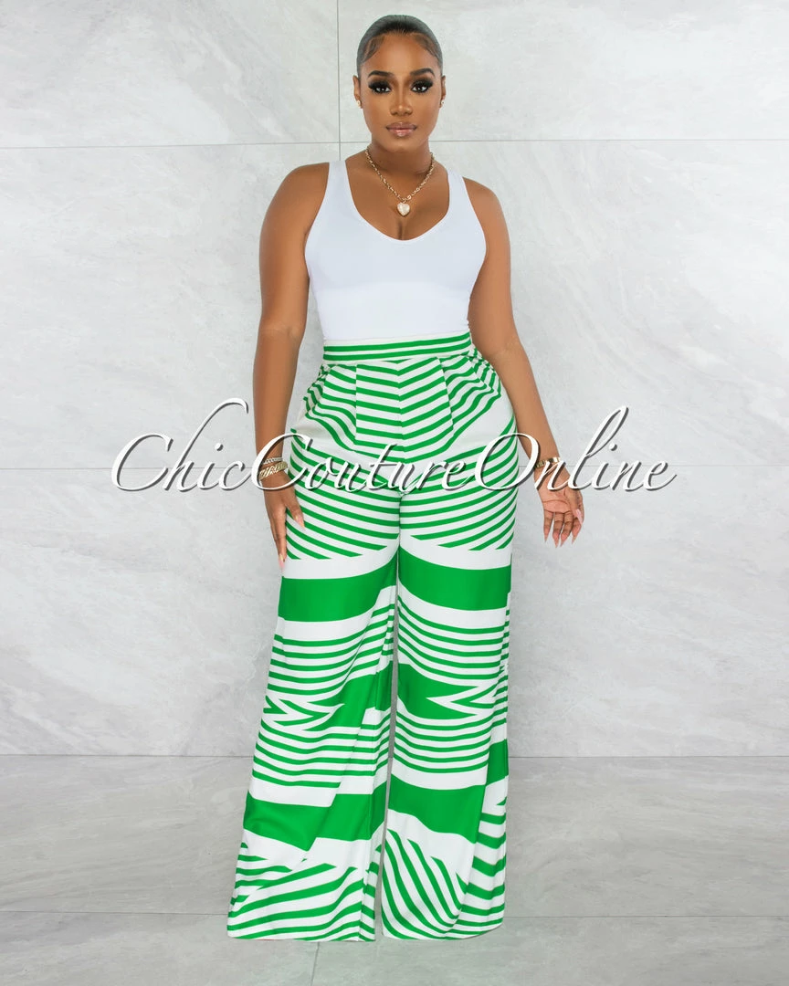 Chic Couture Online Harlem White Green Stripes Wide Pants