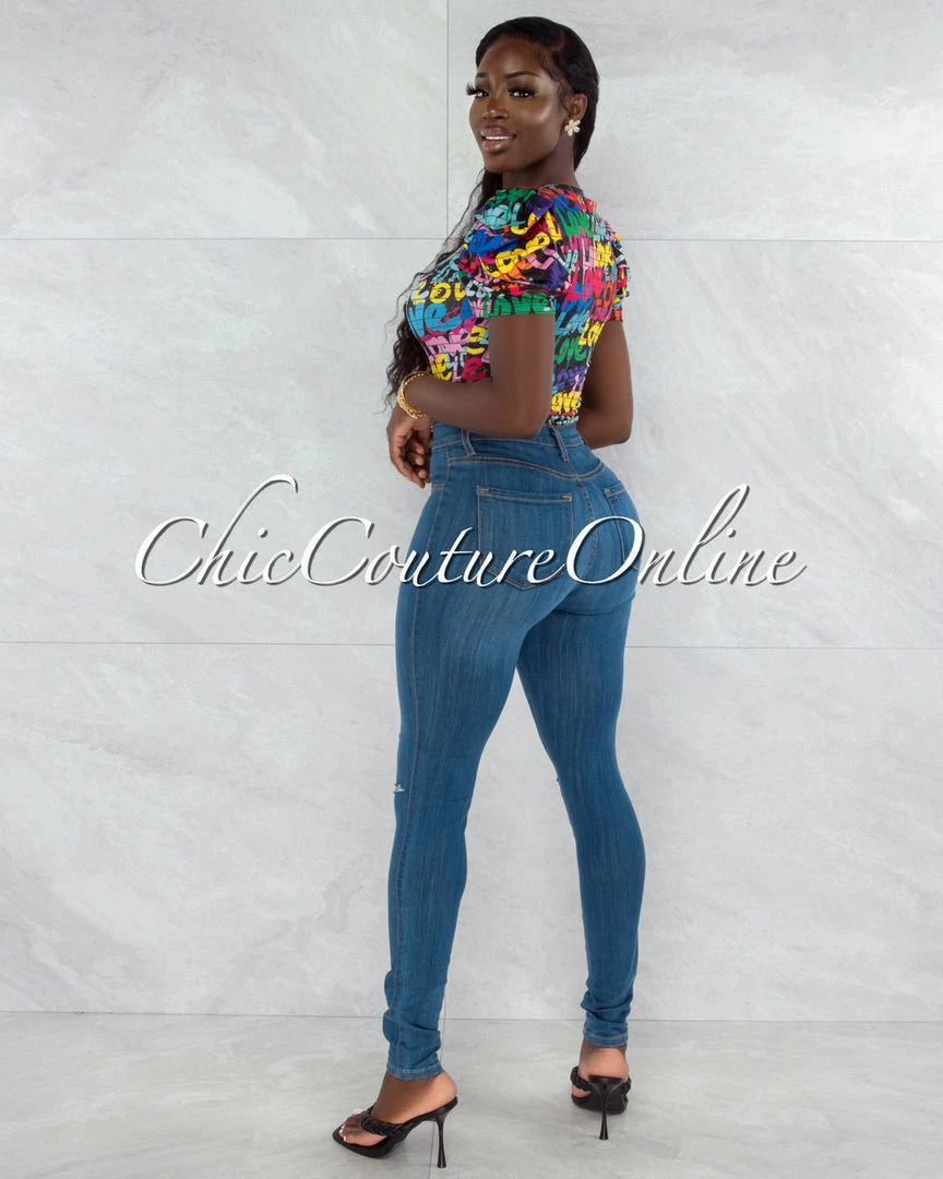 Vendor-unknown JUST IN Harsha Black Multi-Color Love Graffiti Print Bodysuit