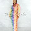 Chic Couture Online Chance Rainbow Tie-Dye Print Sheer Buttons Maxi Shirt Dress JUST IN