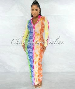 Chic Couture Online Chance Rainbow Tie-Dye Print Sheer Buttons Maxi Shirt Dress JUST IN