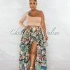 Chic Couture Online JUST IN Davis Nude Multi-Color Print Ruffled Tiered Maxi Bodysuit Skirt