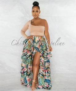 Chic Couture Online JUST IN Davis Nude Multi-Color Print Ruffled Tiered Maxi Bodysuit Skirt