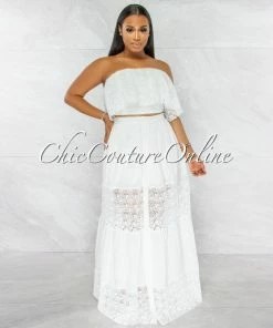 Vendor-unknown Akron Off-White Ribbed Crochet Crop Top & Maxi Skirt Set JUST IN