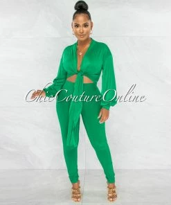 Chic Couture Online Sophia Kelly Green Front Tie Top & Leggings Set