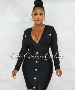 Chic Couture Online Omega Black Gold Buttons Décor Bandage Dress JUST IN