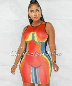 Chic Couture Online Calista Black Multi-Color Body Figure Print Mini Dress