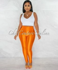 Chic Couture Online Zandrie Orange High Waist Front Zipper Shimmer Leggings