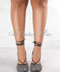 Vendor-unknown SHOES Lover Black Lace Up Embellished Mesh Square Toe Heels