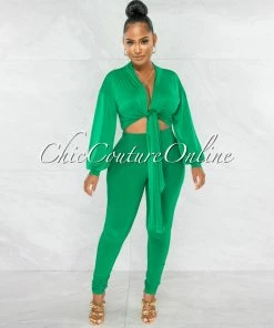 Chic Couture Online Sophia Kelly Green Front Tie Top & Leggings Set