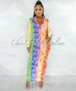 Chic Couture Online Chance Rainbow Tie-Dye Print Sheer Buttons Maxi Shirt Dress JUST IN