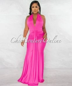 Chic Couture Online JUST IN Yarana Hot Pink Draped Front Halter Maxi Dress