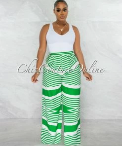 Chic Couture Online Harlem White Green Stripes Wide Pants