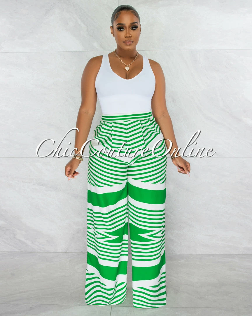 Chic Couture Online Harlem White Green Stripes Wide Pants