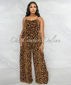 Vendor-unknown Nubes Brown Black Leopard Print Wide Jumpsuit