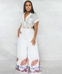 Chic Couture Online JUST IN Baecation White Print Straw Belt Wide Legs Jumpsuit