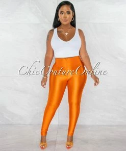 Chic Couture Online Zandrie Orange High Waist Front Zipper Shimmer Leggings