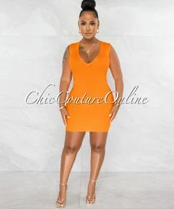 Chic Couture Online Chandler Orange Deep V Neck Ribbed Dress