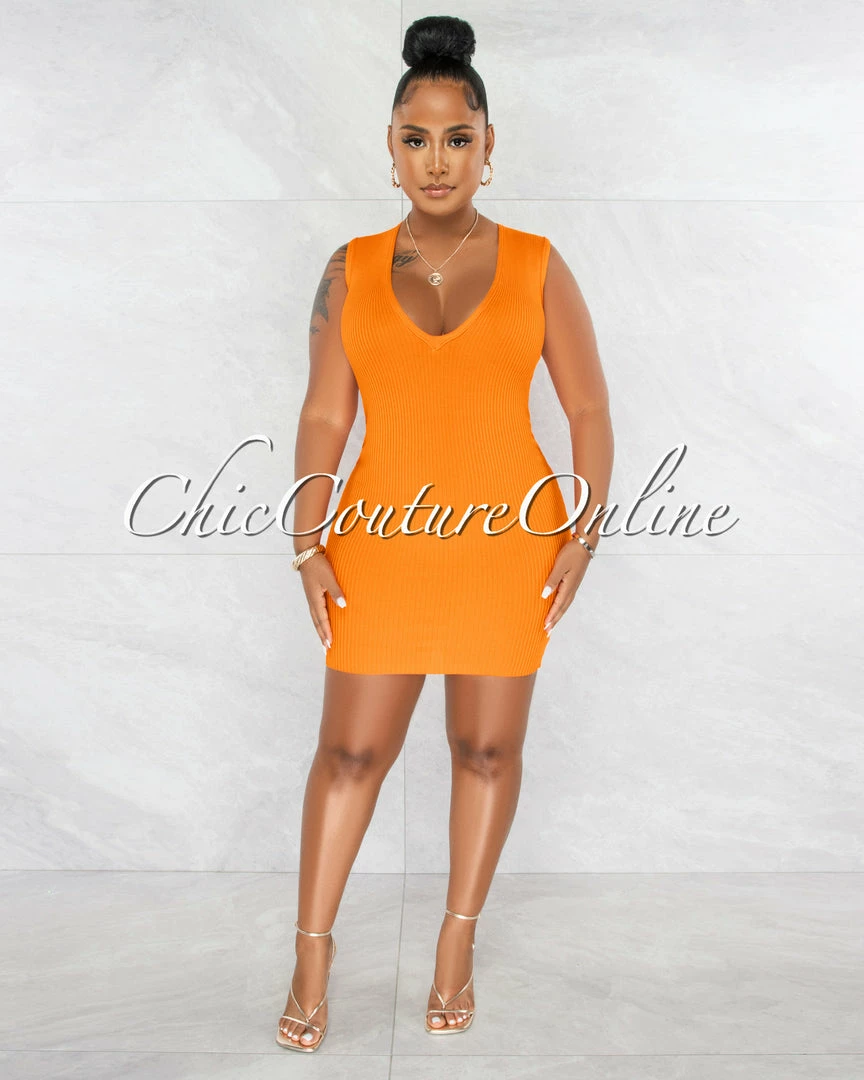Chic Couture Online Chandler Orange Deep V Neck Ribbed Dress