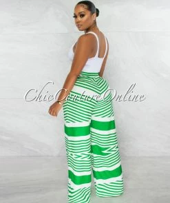 Chic Couture Online Harlem White Green Stripes Wide Pants