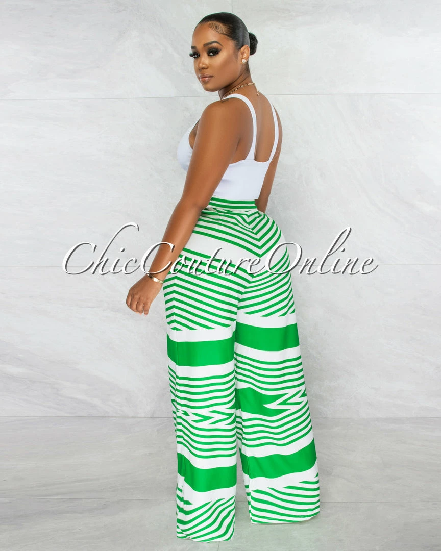 Chic Couture Online Harlem White Green Stripes Wide Pants