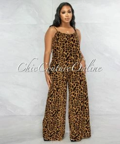 Vendor-unknown Nubes Brown Black Leopard Print Wide Jumpsuit