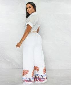 Chic Couture Online JUST IN Baecation White Print Straw Belt Wide Legs Jumpsuit