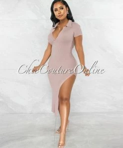 Chic Couture Online Earlston Blush Ribbed Collar Maxi Dress