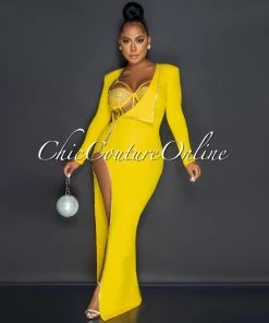 Chic Couture Online Marlinda Yellow Bodysuit Rhinestone Embellished Dress Set