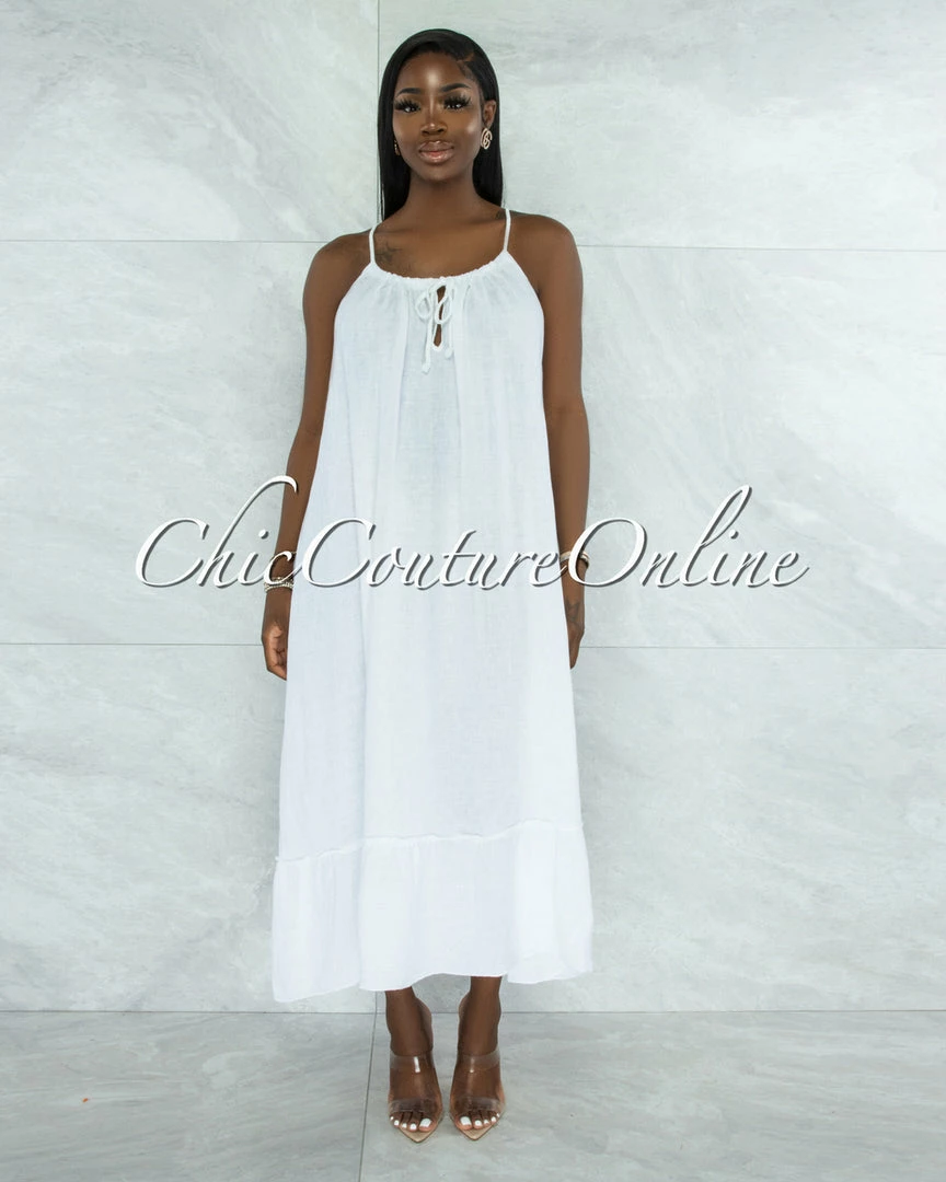 Vendor-unknown Nassar Off-White Braid Straps Ruffle Hem Maxi LINEN Dress JUST IN
