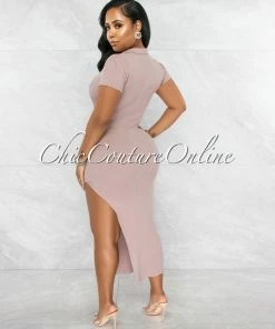 Chic Couture Online Earlston Blush Ribbed Collar Maxi Dress