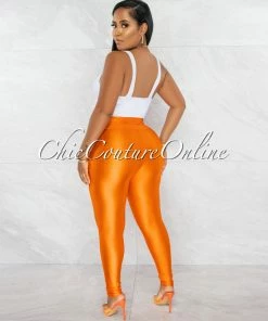 Chic Couture Online Zandrie Orange High Waist Front Zipper Shimmer Leggings