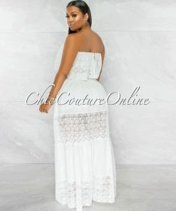 Vendor-unknown Akron Off-White Ribbed Crochet Crop Top & Maxi Skirt Set JUST IN