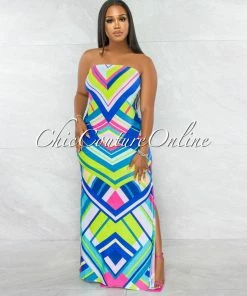 Vendor-unknown Estampa Green Blue Chevron Print Strappy Back Maxi Dress JUST IN