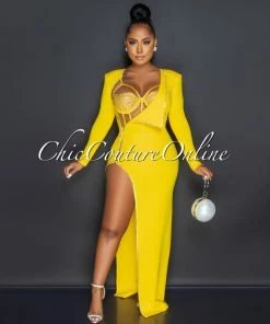 Chic Couture Online Marlinda Yellow Bodysuit Rhinestone Embellished Dress Set