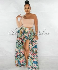 Chic Couture Online JUST IN Davis Nude Multi-Color Print Ruffled Tiered Maxi Bodysuit Skirt