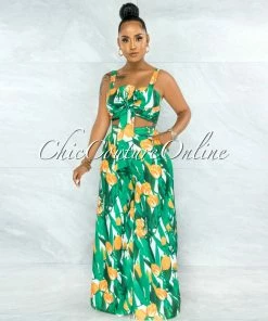 Vendor-unknown JUST IN Caxton Green Orange Print Bow Top & Wide Pants Set