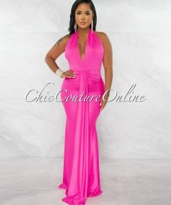 Chic Couture Online JUST IN Yarana Hot Pink Draped Front Halter Maxi Dress