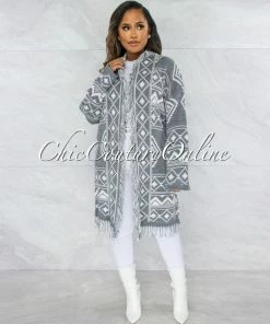 Vendor-unknown Pales Grey White Aztec Print Fringe Kimono Cardigan