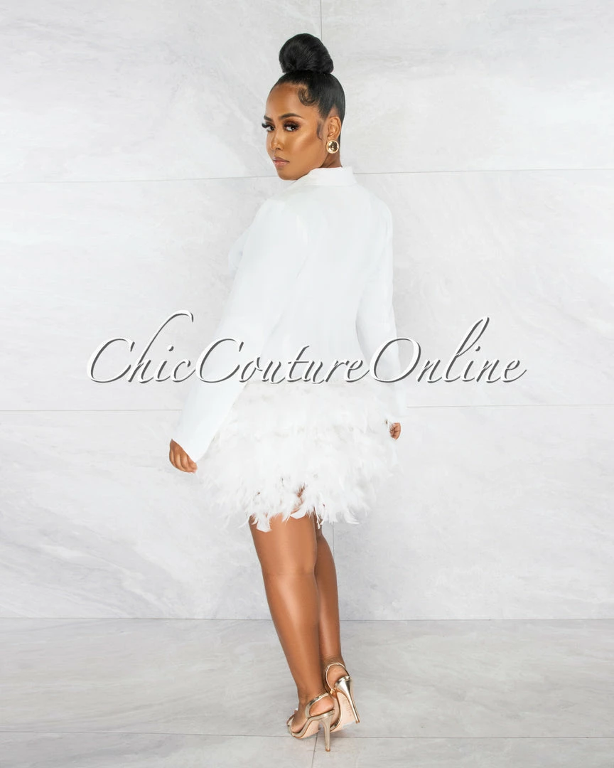 Chic Couture Online Thirza Off-White Gold Buttons Trench Feathers Hem Dress