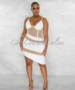 Chic Couture Online JUST IN Griega White Nude Mesh Accent Asymmetrical Hem Dress