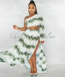 Chic Couture Online Roxanne Green White Gold Shimmer Chain Belt Cut-Out Maxi Dress
