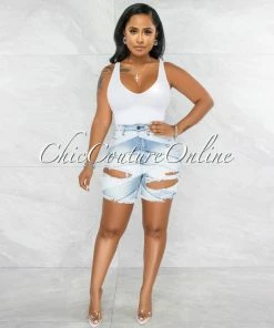 Vendor-unknown Aviel Light Blue Denim Distressed Bermuda Shorts
