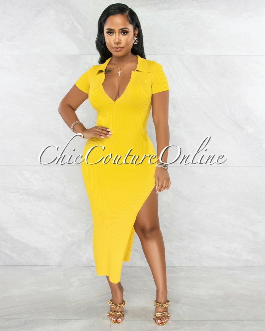 Chic Couture Online JUST IN Earlston Yellow Ribbed Collar Maxi Dress