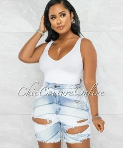 Vendor-unknown Aviel Light Blue Denim Distressed Bermuda Shorts