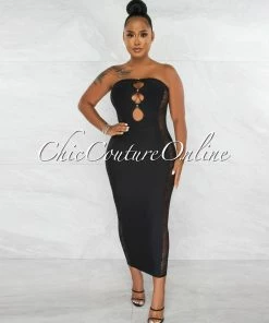 Chic Couture Online Bissa Black Rhinestones Key-Bust Lace Sides Bandage Maxi Dress