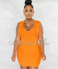 Chic Couture Online Chandler Orange Deep V Neck Ribbed Dress