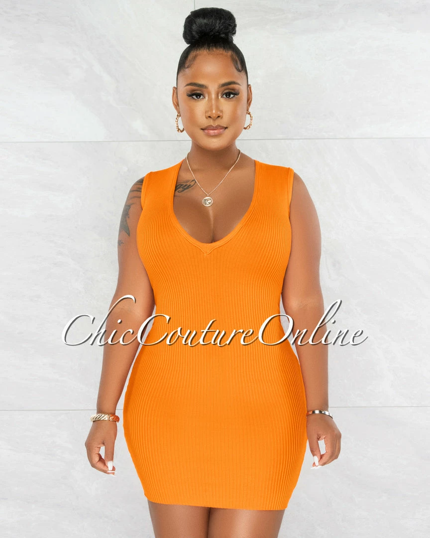 Chic Couture Online Chandler Orange Deep V Neck Ribbed Dress