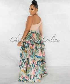Chic Couture Online JUST IN Davis Nude Multi-Color Print Ruffled Tiered Maxi Bodysuit Skirt